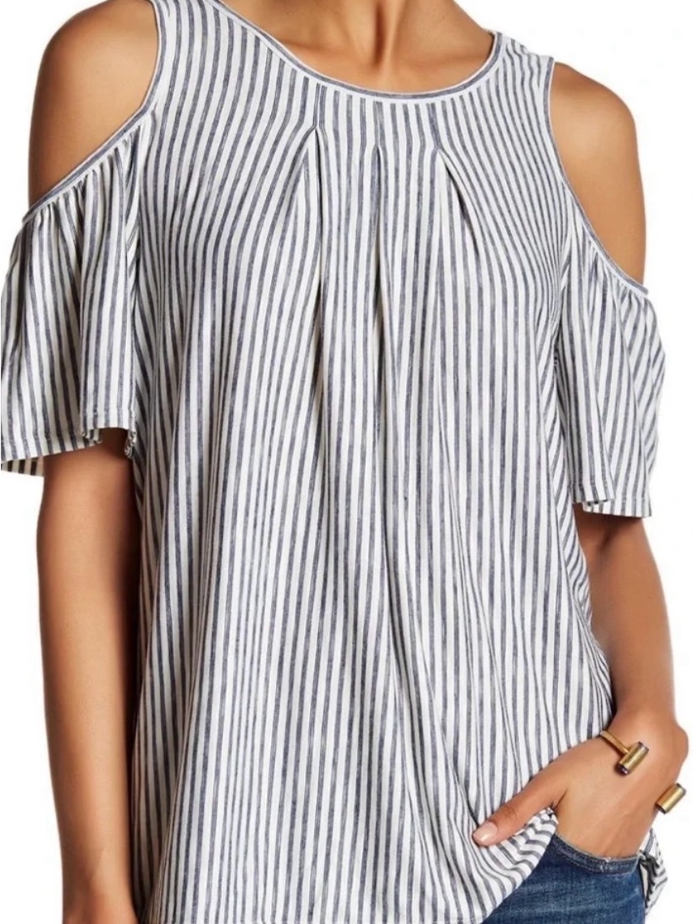 Max Studio Black & White Striped Cold-Shoulder Tunic